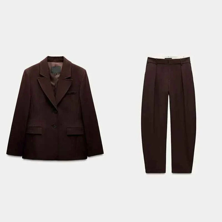 Women's European and American style dark brown blazer and casual trousers set for spring 2025
