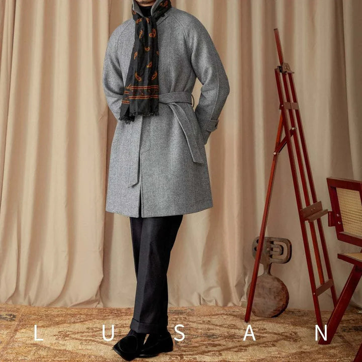 Mr. Lusan British Slim Jacket grey wool blend with belt and double-button collar, elegant British slim fit coat for men