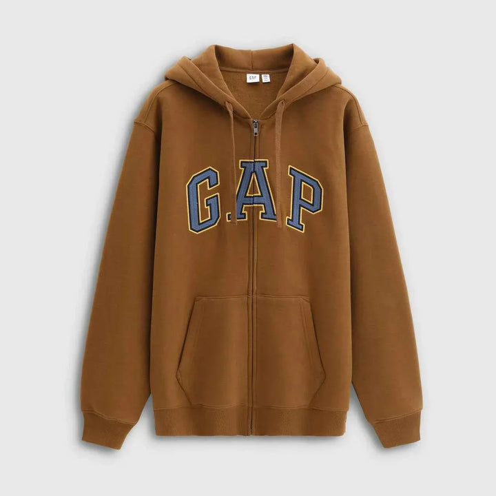 Gap هودي كلاسيكي أصلي بني بجيب أمامي وسحاب تصميم رجالي ونسائي كاجوال