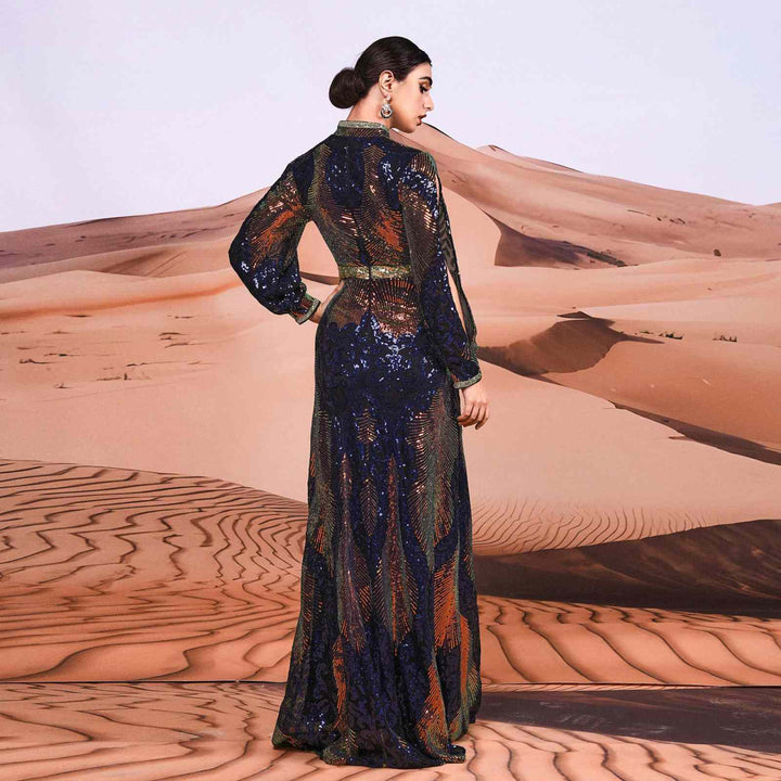 Royal embroidered caftan with sequins in blue, gold, and copper.