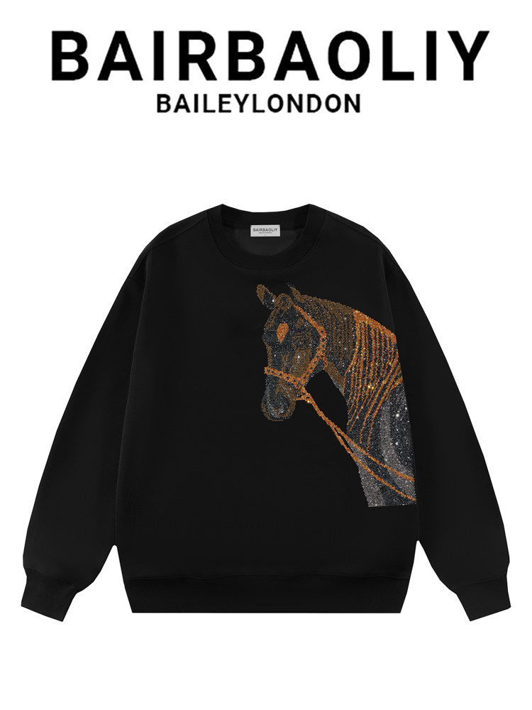 BAIRBAOLIY trendy brand high-luxury full diamond 3D three-dimensional steed sweatshirt light luxury fashion versatile ruffian long-sleeved top