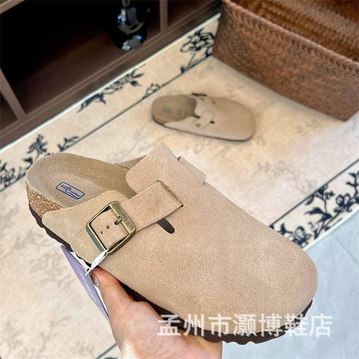 شبشب بيركنستوك جلد مولبيري بيج هادئ مع قاعدة فلين كورك ودعم قوس القدم ومشبك معدني أنيق