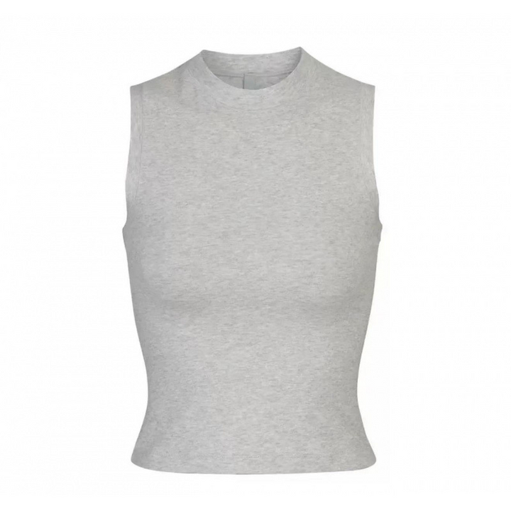 Gray SKIMS sleeveless mock neck tank top made from soft stretchy fabric for comfortable fit