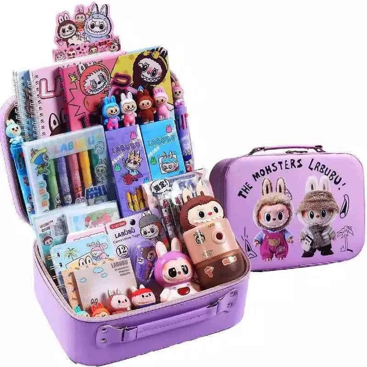 Purple Labubu-themed school supplies set including notebooks, pens, erasers, stickers, and collectible figurines in a storage case and matching carrying bag