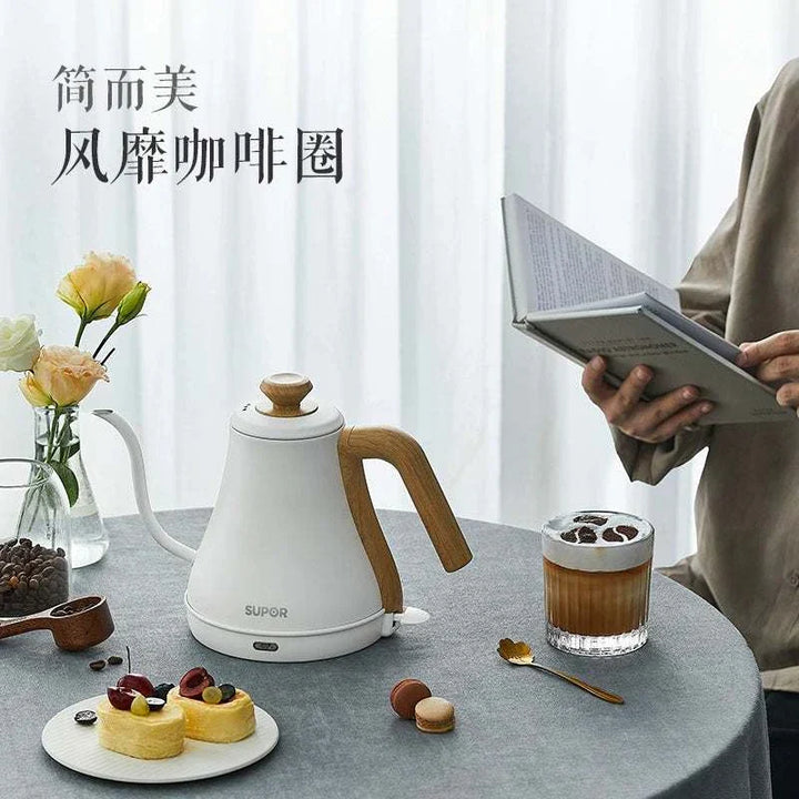 غلاية Supor بتصميم فولاذي مقاوم للصدأ مع مقبض خشبي وصنبور عنق الإوزة للتحكم الدقيق في صب القهوة المقطرة