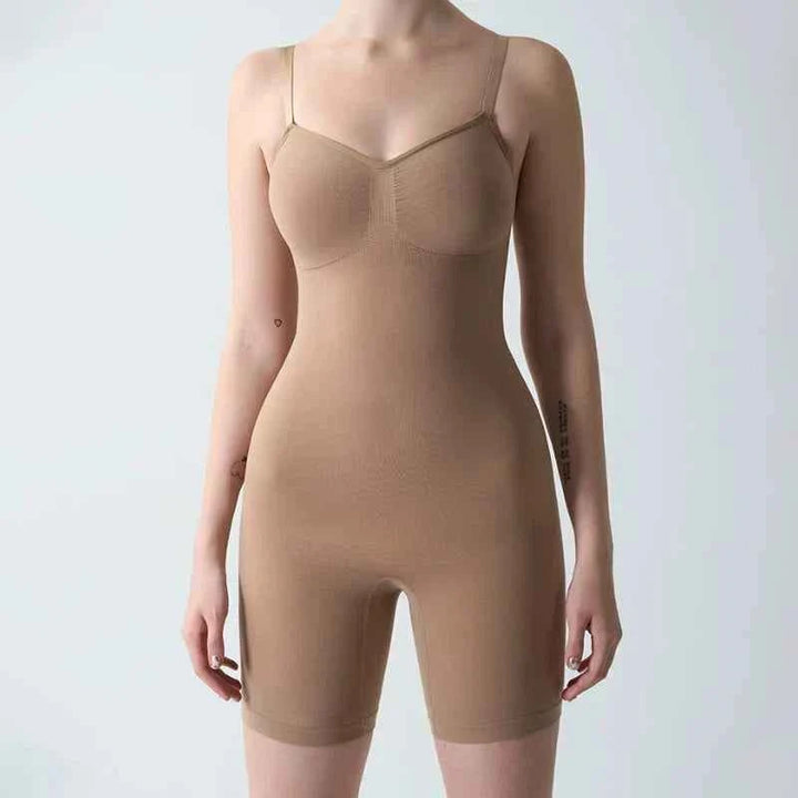 Soft beige body shaper bodysuit with adjustable straps and seamless design for smooth silhouette