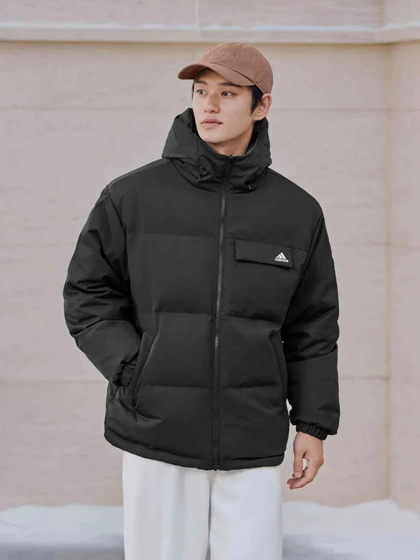 جاكيت اديداسAdidas جاكيت 600 Puff أسود دافئ وكاجوال مع غطاء رأس وزر أمامي