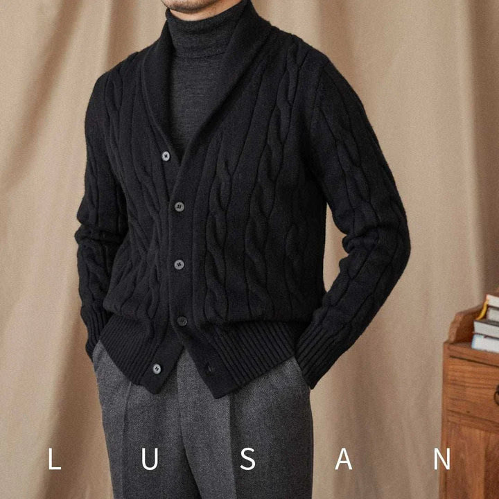 Mr. Lusan black shawl collar cardigan with thick cable knit and button front