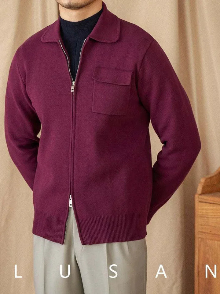 Mr. Lu San's slim British light cardigan jacket in deep purple with front zip and chest pocket