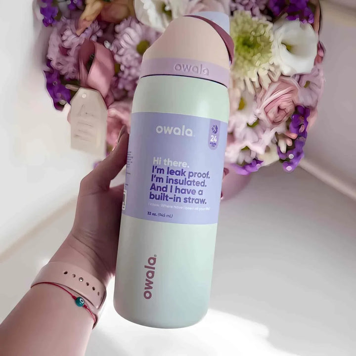 Owala FreeSip leak-proof insulated water bottle with built-in straw and cute character design