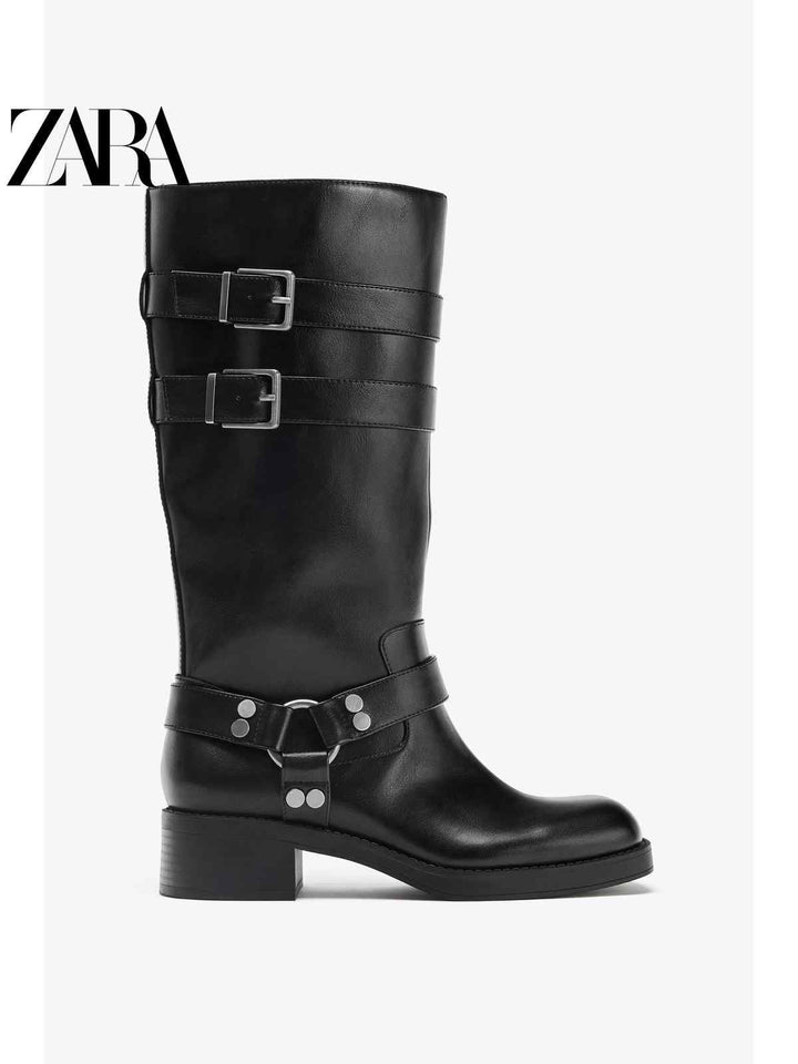 حذاء نسائي من ZARA2025 خريف بساق عريض ومشبك معدني ومقدمة مربع بتصميم حذاء دراجة نارية أسود
