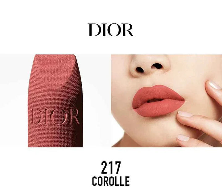 Rouge Dior classic lipstick in shade 217 Corolle with smooth, vibrant finish and elegant lip color application.
