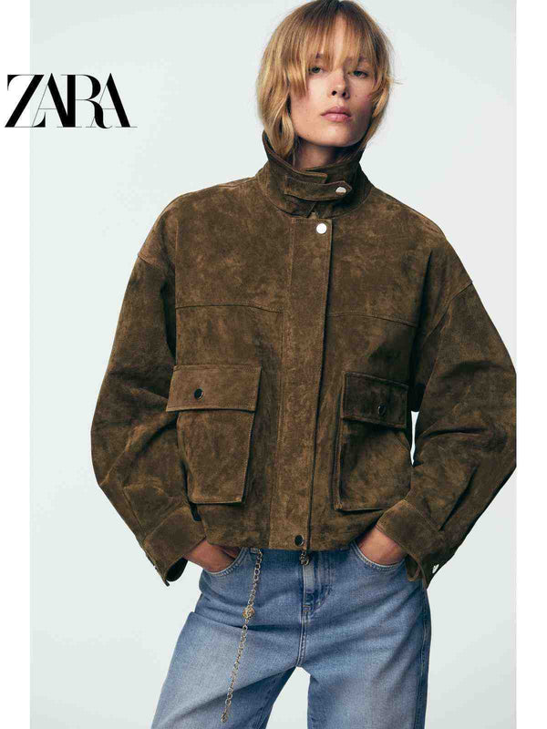 جاكيت بومبر نسائي من الجلد النقي بسحاب لخريف ZARA2025 Fallموديل 8073253 بلون بني
