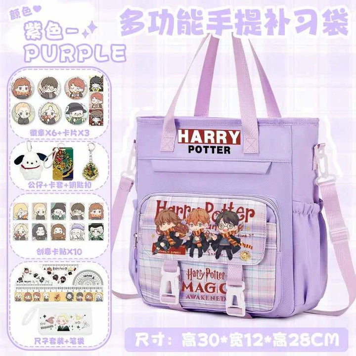 Purple Harry Potter-themed multifunctional school backpack with cartoon character design and accessory set