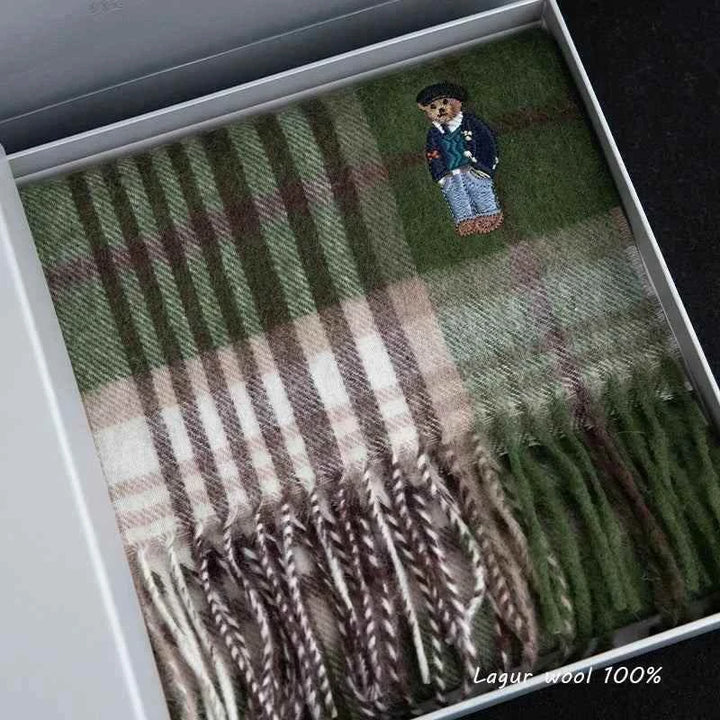 وشاح صوفي صلب 100% منقوش بتصميم الدب البريطاني بنمط بريطاني عتيق للرجال والنساء باللون الأخضر والأحمر الشتوي