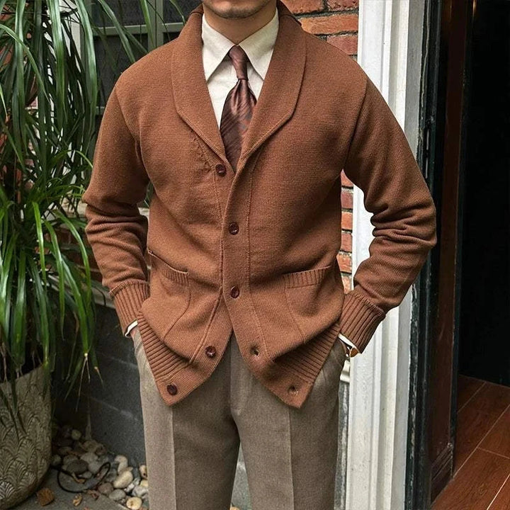 Mr. Lu San Japanese slim casual cardigan with shawl collar and brown buttons in warm brown color