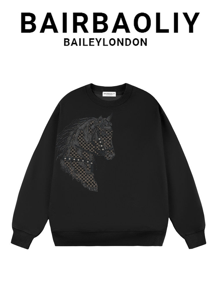 BAIRBAOLIY light luxury handsome War Horse Heavy Industries flash diamond round neck sweatshirt men's fashion brand autumn and winter fashion casual top
