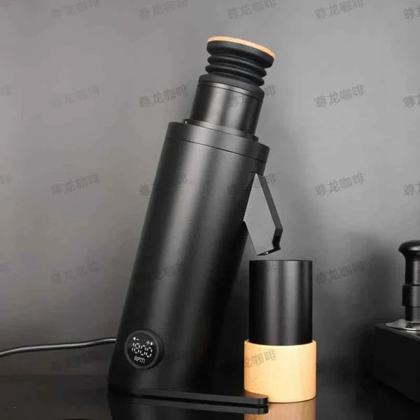 electric coffee grinder DF64 V model in black with wooden base and adjustable RPM control