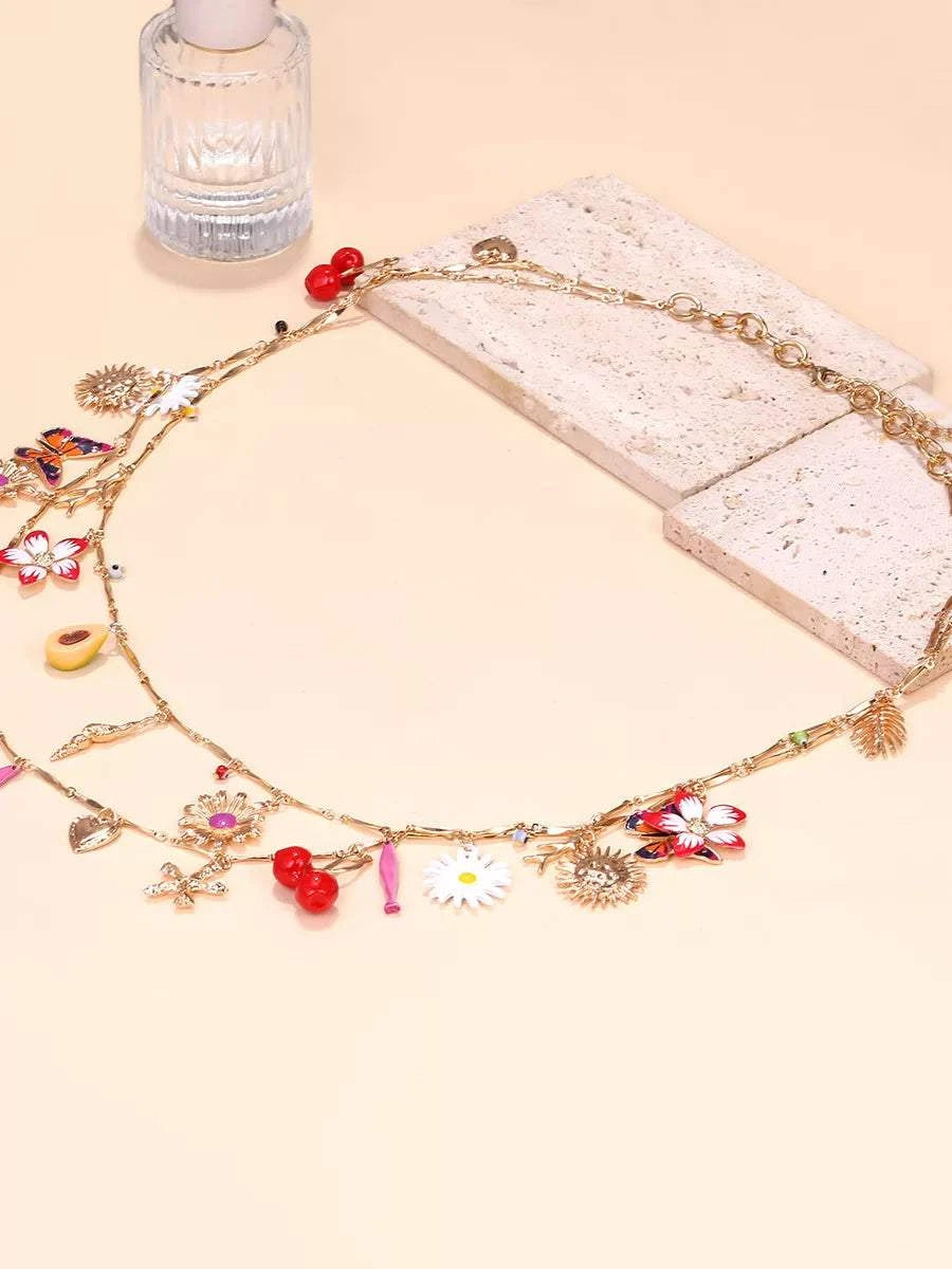 عقد ذهبي طبقتين بدلايات ملونة متنوعة Charm Necklace.
