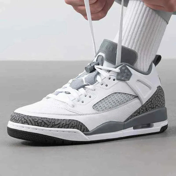 Nike men's JORDAN SPIZIKE LOW sneaker in white, anthracite, wolf gray, and cool gray.