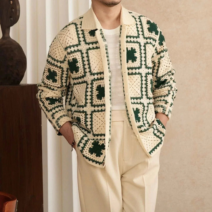 Mr. Lu San's autumn كارديجان knitted cream cardigan with green crochet squares and wooden buttons