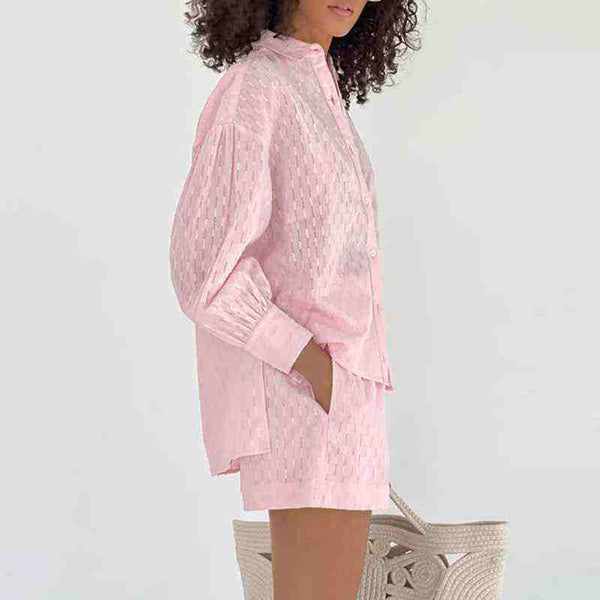 2024 summer women's European shirt with jacquard puff sleeves and shorts in a casual suit design.