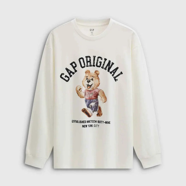 Gap هودي أصلي أبيض بياقة دائرية مع رسمة دب كاجوال للرجال والنساء