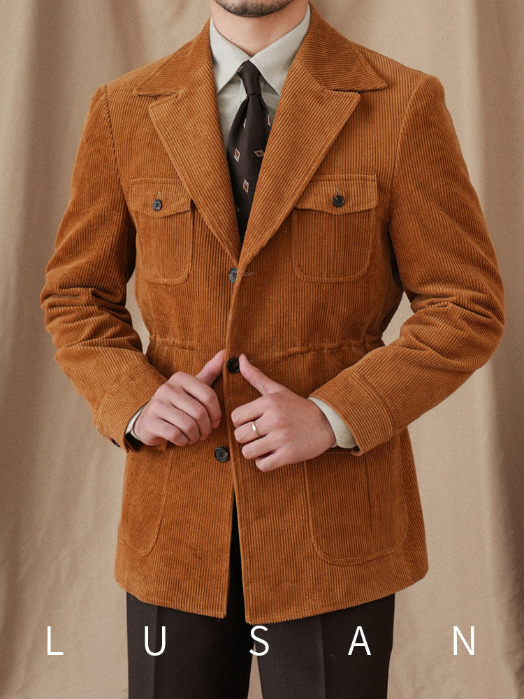 Mr. Lu San from Qingcang, autumn and winter vintage corduroy slim-fit hunting suit, pure cotton men's waist-cinching suit collar jacket, trendy men