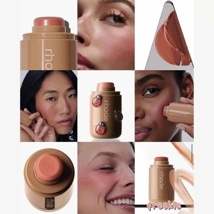 Rhode Pocket Blush Stick multi-use creamy blush and lip tint in warm peach shade, portable and blendable for natural radiant glow