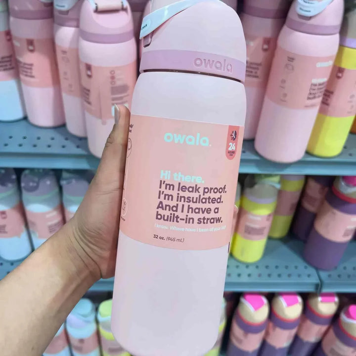 Owala FreeSip Cute Edition pink leak-proof insulated water bottle with built-in straw, 32 oz, BPA-free