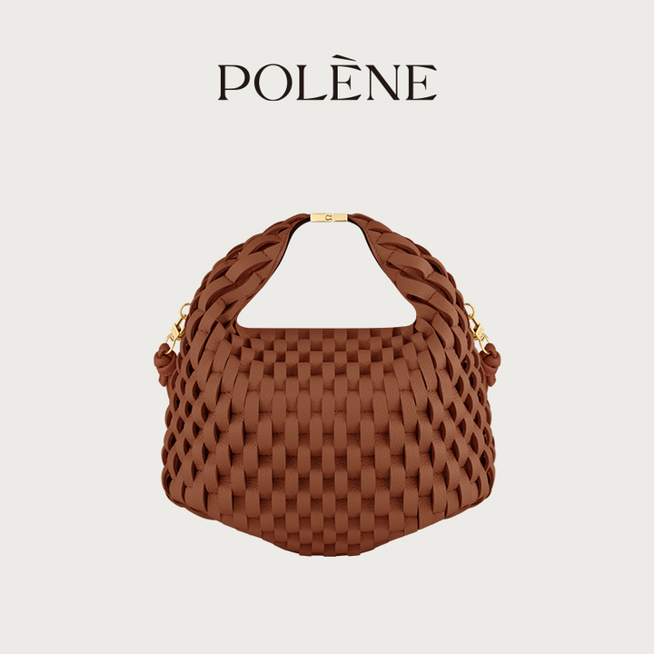 Polène Béeri handwoven brown leather handbag with braided design and gold-tone clasp.