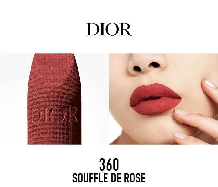 Classic Rouge Dior lipstick shade 360 Souffle de Rose with smooth rich texture and bold red color on lips