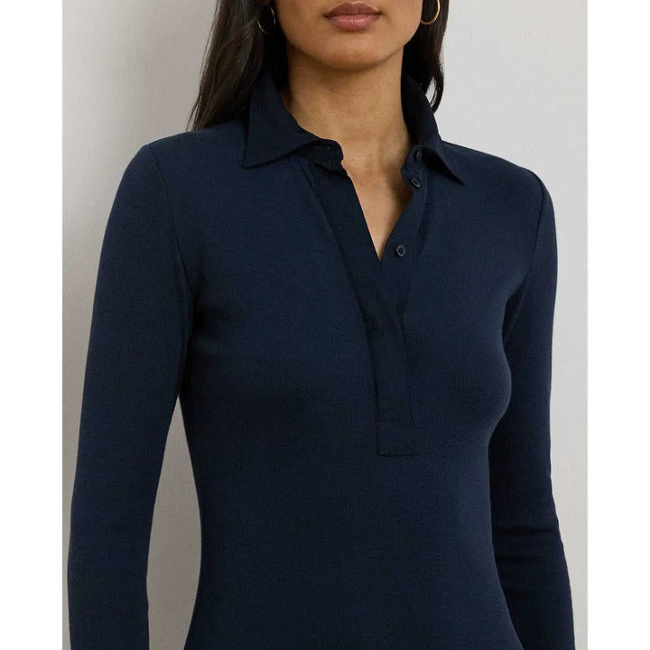 فستان لورين نسائي كحلي ضيق بأكمام طويلة وياقة بأزرار تصميم أنيق مريح متعدد الاستخدامات