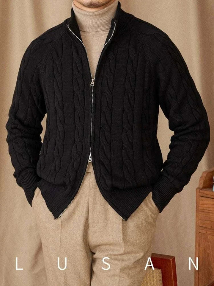 Mr. Lusan cotton knitted British cardigan in black with cable knit pattern and dual zipper closure