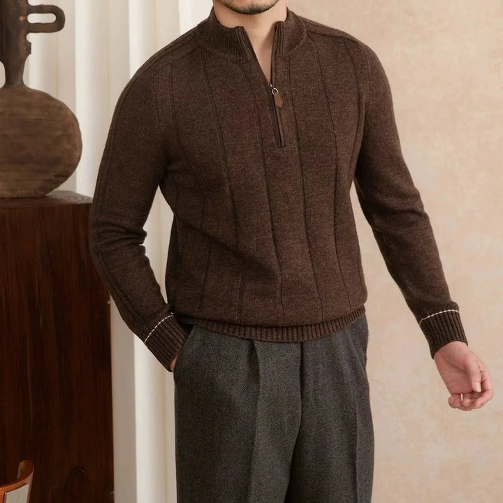 Mr. Lu San's 30% wool brown sweater with half-zip collar and ribbed cuffs for comfort and style