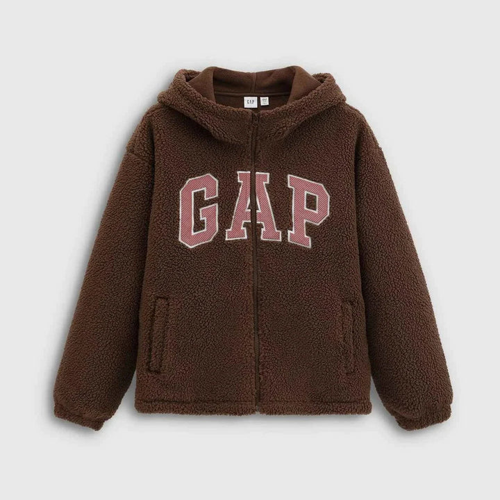 Gap هودي شتوي فرو نسائي بني بقصة مريحة وقبعة وشعار كبير للأناقة والدفء الشتوي