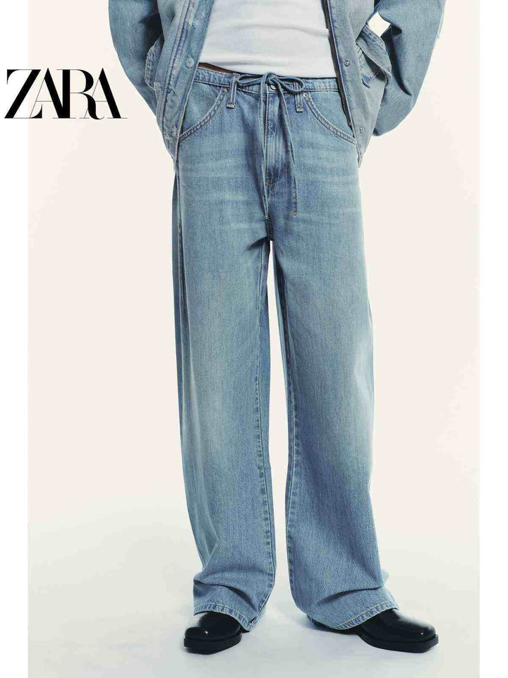 ZARA Wide Leg Jeans women's casual original denim pants with elastic waist and drawstring in light blue