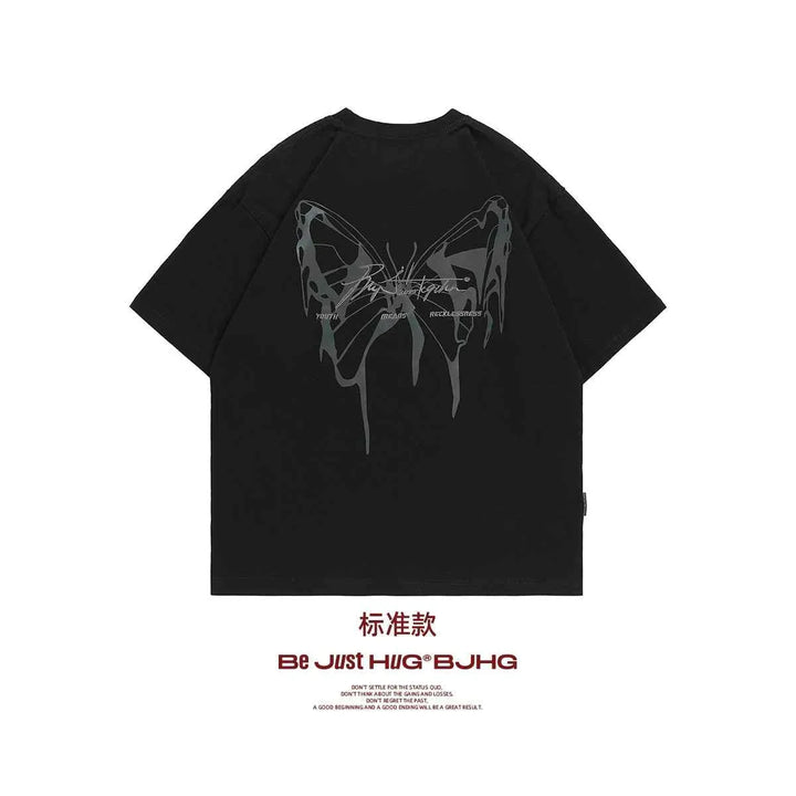 Black reflective butterfly graphic t-shirt with modern streetwear design and comfortable fit