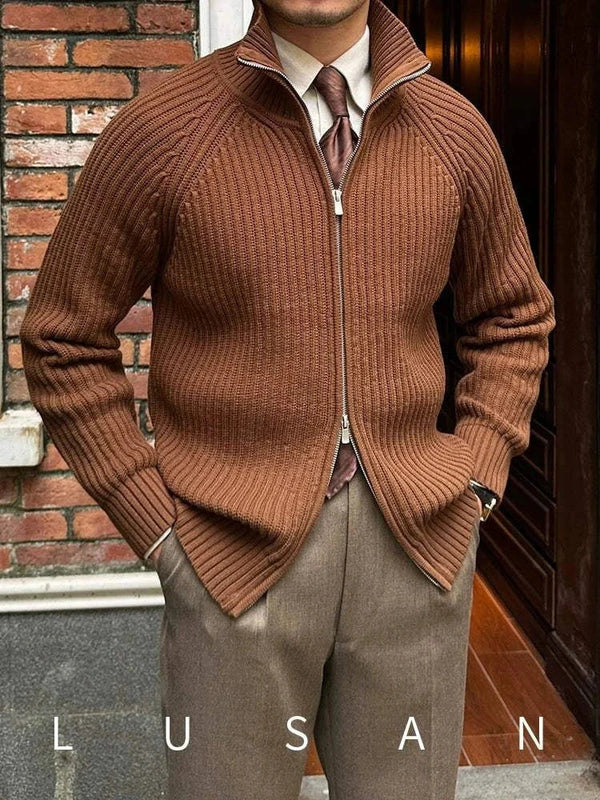 Mr. Lusan cardigan retro slim knit brown zipper men’s stylish warm sweater