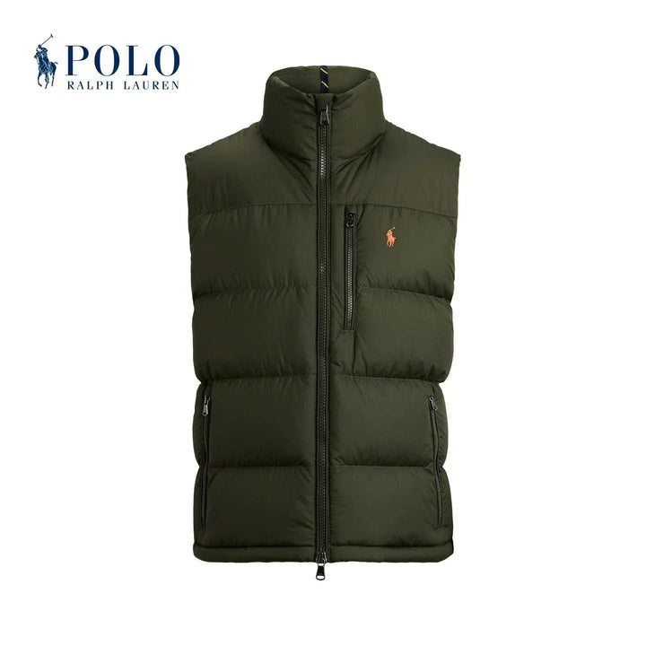 سترة Ralph Lauren مبطنة عازلة بخياطة أفقية وكول مرتفع باللون الزيتي مقاومة للماء بأزرار وسحابات عملية