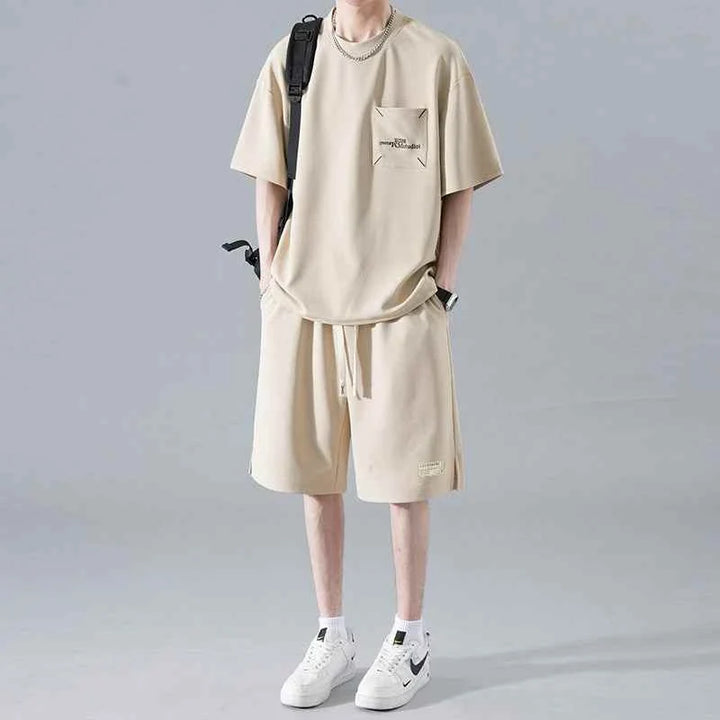 Men's Ice Silk set with loose beige t-shirt and practical shorts, casual summer outfit