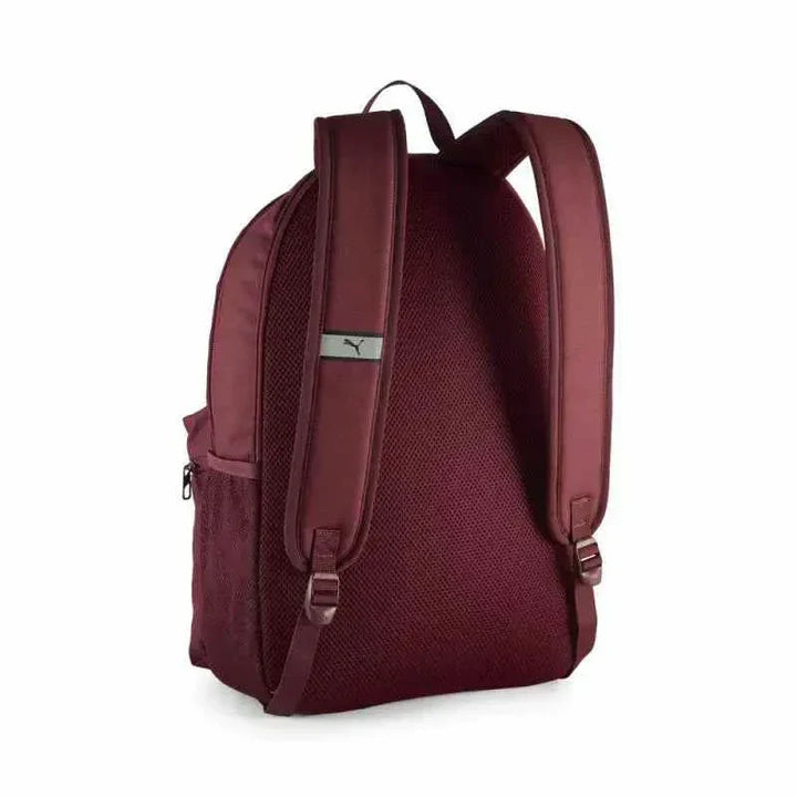 PUMA Athletics burgundy backpack with padded adjustable straps and durable fabric