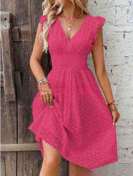 Elegant pink V-neck cut-out dress with ruffle sleeves for plus-size women.