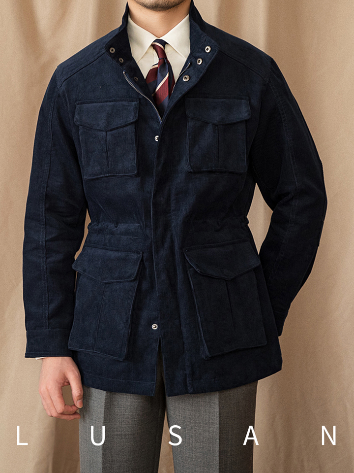 Mr. Lusan hunting jacket navy blue velvet textured with four front pockets and adjustable waist for a classic elegant look