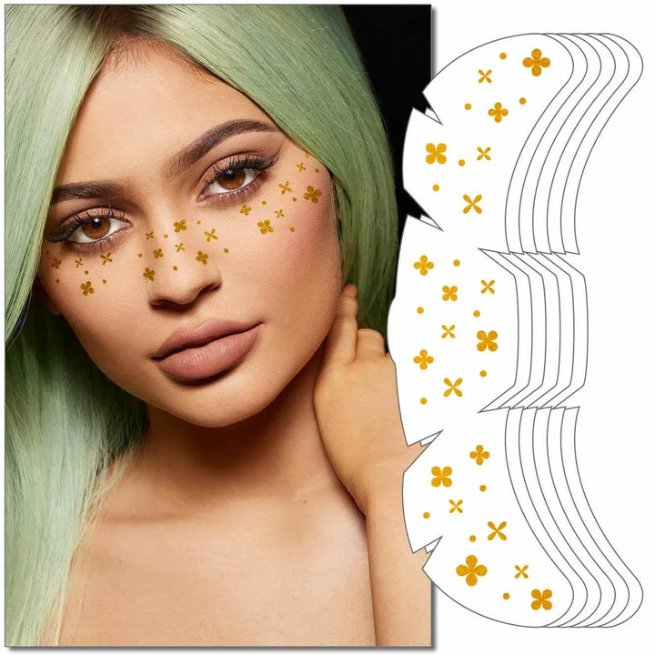 Taylor Swift Freckle Makeup Patches applied on a woman’s face with green hair, featuring gold floral freckle designs.
