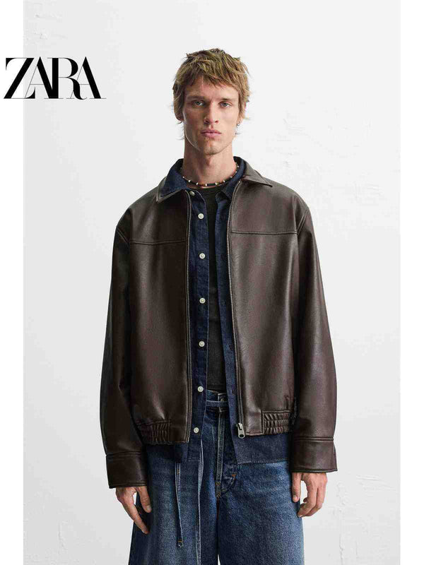 جاكيت رجالي فضفاض من الجلد الصناعي بسحّاب من مجموعة ZARA2025 Summer