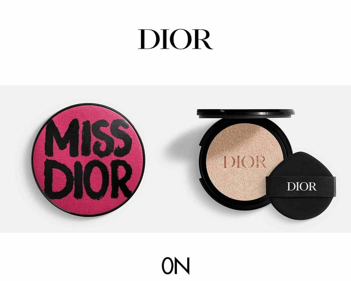 Dior Miss Dior limited edition Fall 2025 compact powder with pink and black case and cushion applicator.