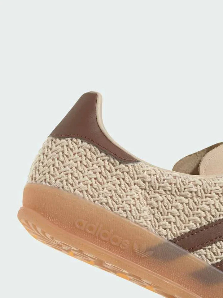 adidas Originals Gazelle Indoor shoe with woven beige canvas upper and brown leather accents, honey-colored translucent sole
