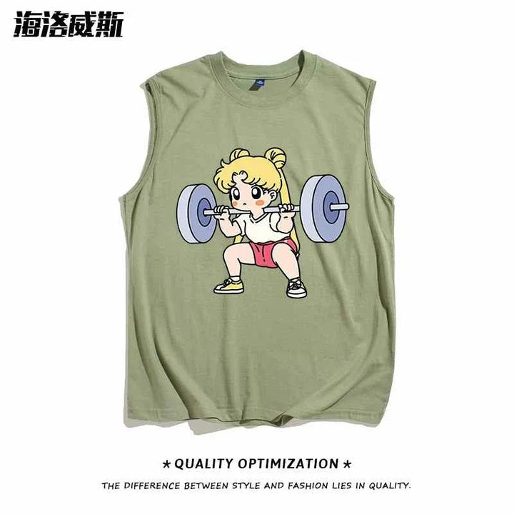 Sleeveless green cotton sports tank top featuring a cartoon girl doing weightlifting squats, casual and comfortable for workouts or casual wear.