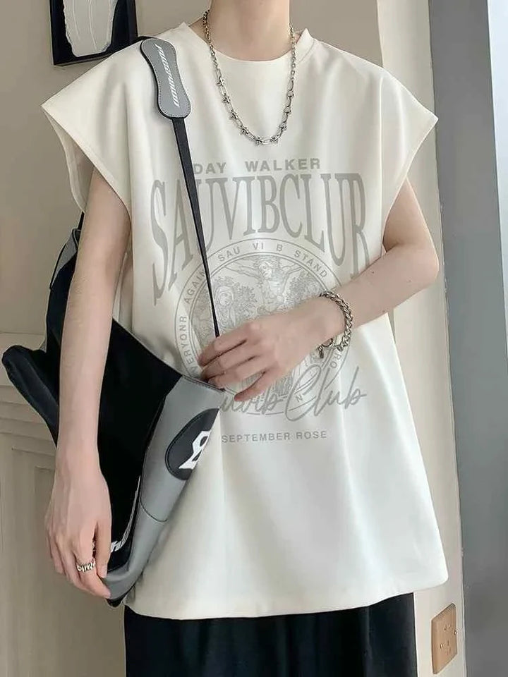 white SAUVIBCLUB sleeveless graphic t-shirt with bold logo and casual street style design